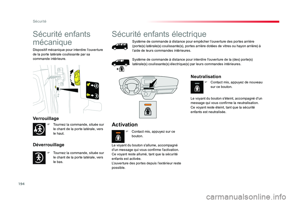 TOYOTA PROACE 2016 Manuel du propriétaire (in French) 194
Sécurité
Sécurité enfants
mécanique
Verrouillage
Déverrouillage
Dispositif mécanique pour interdire l’ouverture
de la porte latérale coulissante par sa
commande intérieure.
Sécurità TOYOTA PROACE 2016 Manuel du propriétaire (in French) 194
Sécurité
Sécurité enfants
mécanique
Verrouillage
Déverrouillage
Dispositif mécanique pour interdire l’ouverture
de la porte latérale coulissante par sa
commande intérieure.
SécuritÃ