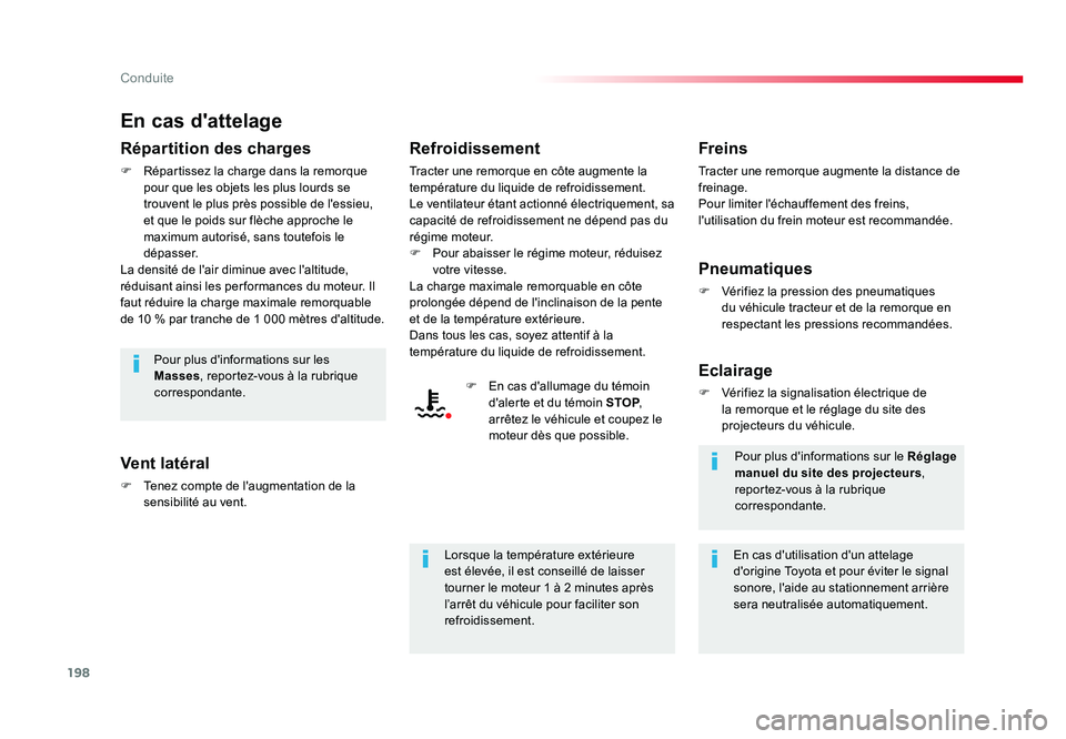 TOYOTA PROACE 2016 Manuel du propriétaire (in French) 198
Conduite
En cas d'attelage
Répartition des charges
F Répartissez la charge dans la remorque
pour que les objets les plus lourds se
trouvent le plus près possible de l'essieu,
et que TOYOTA PROACE 2016 Manuel du propriétaire (in French) 198
Conduite
En cas d'attelage
Répartition des charges
F Répartissez la charge dans la remorque
pour que les objets les plus lourds se
trouvent le plus près possible de l'essieu,
et que