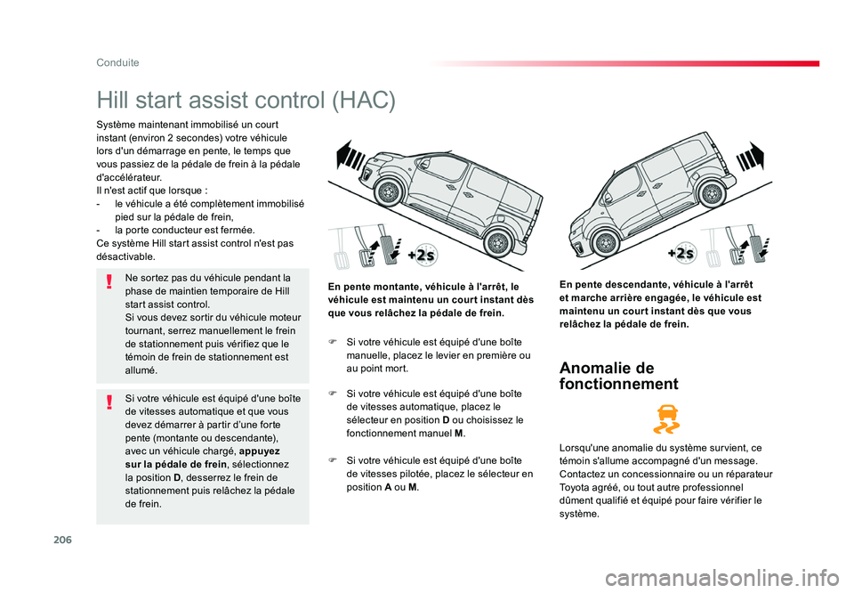 TOYOTA PROACE 2016 Manuel du propriétaire (in French) 206
Conduite
Hill start assist control (HAC)
Système maintenant immobilisé un court
instant (environ 2 secondes) votre véhicule
lors d'un démarrage en pente, le temps que
vous passiez de la TOYOTA PROACE 2016 Manuel du propriétaire (in French) 206
Conduite
Hill start assist control (HAC)
Système maintenant immobilisé un court
instant (environ 2 secondes) votre véhicule
lors d'un démarrage en pente, le temps que
vous passiez de la