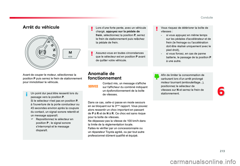 TOYOTA PROACE 2016 Manuel du propriétaire (in French) 213
6
Conduite
Contact mis, un message s'affiche
sur l'afficheur du combiné indiquant
un dysfonctionnement de la boîte
de vitesses.
Anomalie de
fonctionnement
Dans ce cas, celle-ci passe TOYOTA PROACE 2016 Manuel du propriétaire (in French) 213
6
Conduite
Contact mis, un message s'affiche
sur l'afficheur du combiné indiquant
un dysfonctionnement de la boîte
de vitesses.
Anomalie de
fonctionnement
Dans ce cas, celle-ci passe
