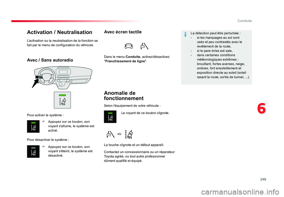 TOYOTA PROACE 2016 Manuel du propriétaire (in French) 249
6
Conduite
Avec / Sans autoradio
Activation / Neutralisation
F Appuyez sur ce bouton, son voyant s'allume, le système est
activé.
F Appuyez sur ce bouton, son voyant s'éteint, le sy TOYOTA PROACE 2016 Manuel du propriétaire (in French) 249
6
Conduite
Avec / Sans autoradio
Activation / Neutralisation
F Appuyez sur ce bouton, son voyant s'allume, le système est
activé.
F Appuyez sur ce bouton, son voyant s'éteint, le sy