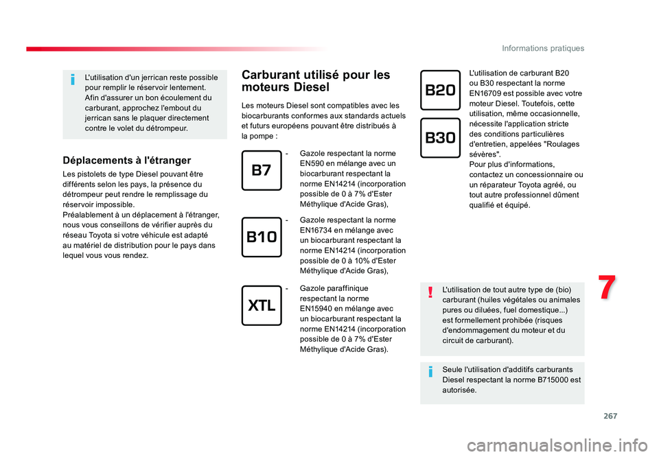 TOYOTA PROACE 2016 Manuel du propriétaire (in French) 267
7
Informations pratiques
Carburant utilisé pour les
moteurs Diesel
Les moteurs Diesel sont compatibles avec les
biocarburants conformes aux standards actuels
et futurs européens pouvant être TOYOTA PROACE 2016 Manuel du propriétaire (in French) 267
7
Informations pratiques
Carburant utilisé pour les
moteurs Diesel
Les moteurs Diesel sont compatibles avec les
biocarburants conformes aux standards actuels
et futurs européens pouvant être