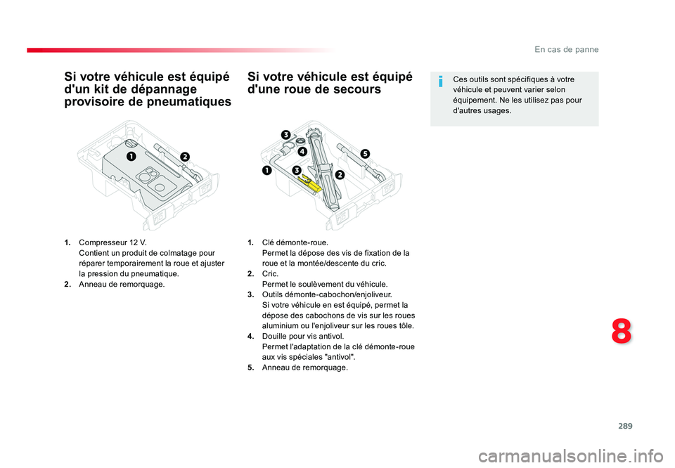 TOYOTA PROACE 2016 Manuel du propriétaire (in French) 289
8
En cas de panne
Si votre véhicule est équipé
d'un kit de dépannage
provisoire de pneumatiques
1. Compresseur 12 V.
Contient un produit de colmatage pour réparer temporairement la TOYOTA PROACE 2016 Manuel du propriétaire (in French) 289
8
En cas de panne
Si votre véhicule est équipé
d'un kit de dépannage
provisoire de pneumatiques
1. Compresseur 12 V.
Contient un produit de colmatage pour réparer temporairement la