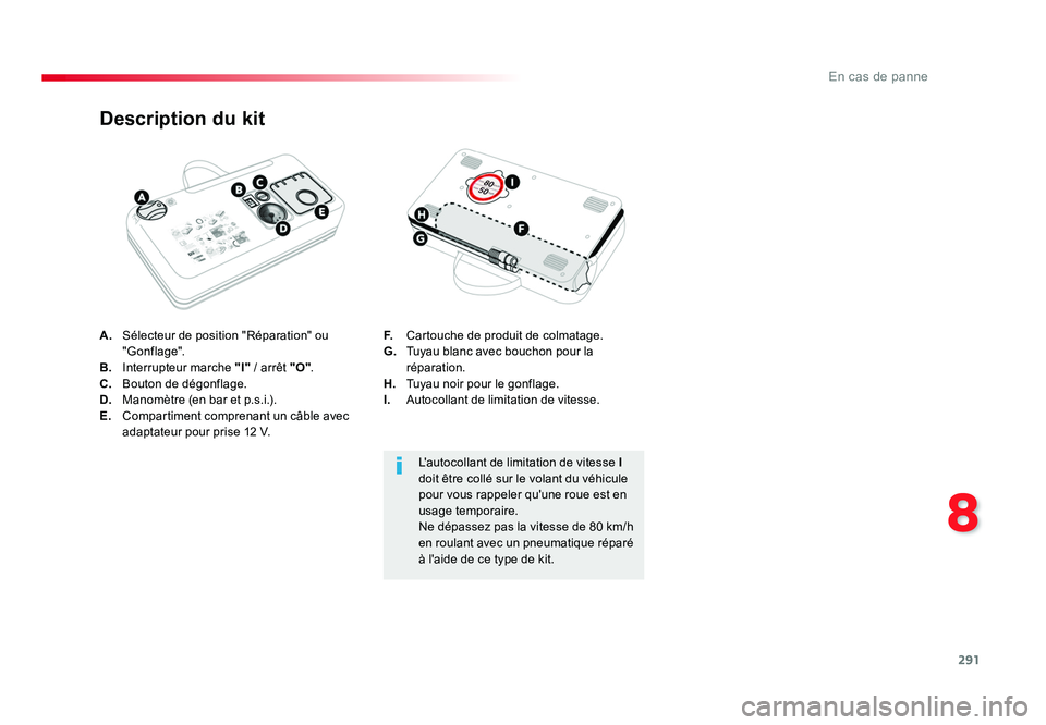 TOYOTA PROACE 2016 Manuel du propriétaire (in French) 291
8
En cas de panne
A. Sélecteur de position "Réparation" ou
"Gonflage".
B. Interrupteur marche "I" / arrêt "O".
C. Bouton de dégonflage.
D. Manomètre (en TOYOTA PROACE 2016 Manuel du propriétaire (in French) 291
8
En cas de panne
A. Sélecteur de position "Réparation" ou
"Gonflage".
B. Interrupteur marche "I" / arrêt "O".
C. Bouton de dégonflage.
D. Manomètre (en