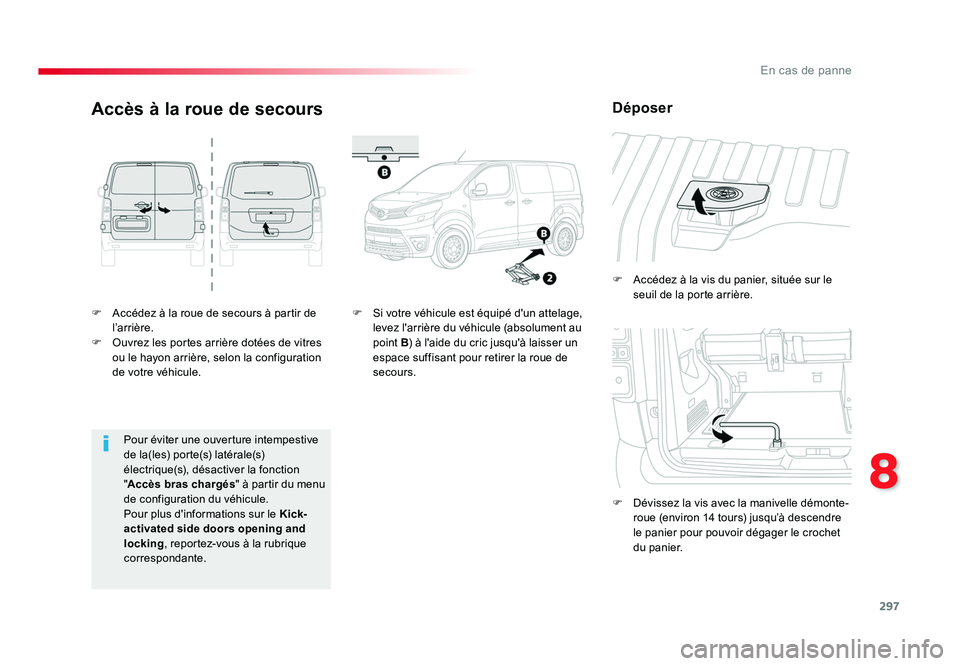 TOYOTA PROACE 2016 Manuel du propriétaire (in French) 297
8
En cas de panne
F Accédez à la roue de secours à partir de l ’ar r i ère.
F Ouvrez les portes arrière dotées de vitres ou le hayon arrière, selon la configuration
de votre véhicule TOYOTA PROACE 2016 Manuel du propriétaire (in French) 297
8
En cas de panne
F Accédez à la roue de secours à partir de l ’ar r i ère.
F Ouvrez les portes arrière dotées de vitres ou le hayon arrière, selon la configuration
de votre véhicule