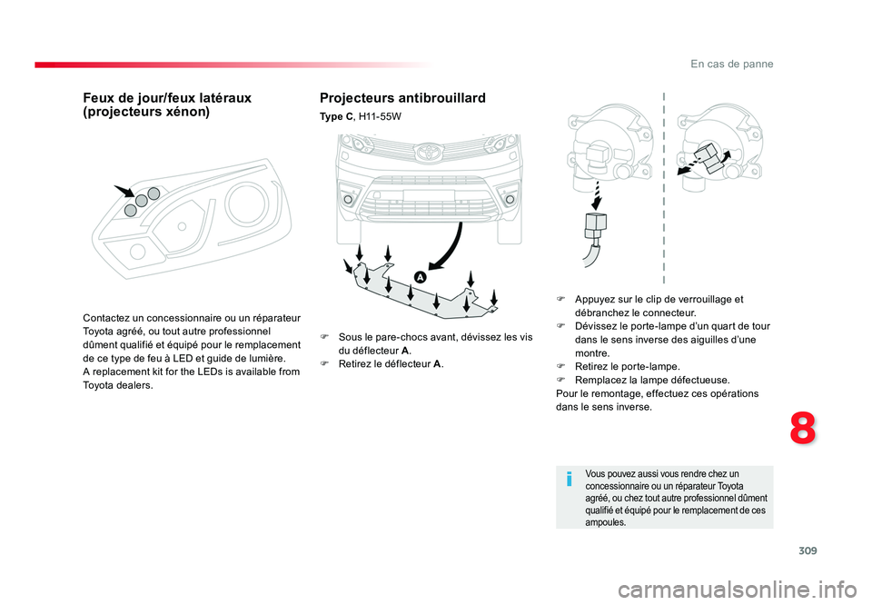TOYOTA PROACE 2016 Manuel du propriétaire (in French) 309
8
En cas de panne
Projecteurs antibrouillard
Ty p e C, H11 - 5 5 W
F Appuyez sur le clip de verrouillage et débranchez le connecteur.
F Dévissez le porte-lampe d’un quart de tour dans le TOYOTA PROACE 2016 Manuel du propriétaire (in French) 309
8
En cas de panne
Projecteurs antibrouillard
Ty p e C, H11 - 5 5 W
F Appuyez sur le clip de verrouillage et débranchez le connecteur.
F Dévissez le porte-lampe d’un quart de tour dans le