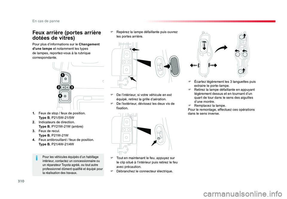 TOYOTA PROACE 2016 Manuel du propriétaire (in French) 310
En cas de panne
Feux arrière (portes arrière
dotées de vitres)
Pour plus d’informations sur le Changement
d'une lampe et notamment les types
de lampes, reportez-vous à la rubrique
co TOYOTA PROACE 2016 Manuel du propriétaire (in French) 310
En cas de panne
Feux arrière (portes arrière
dotées de vitres)
Pour plus d’informations sur le Changement
d'une lampe et notamment les types
de lampes, reportez-vous à la rubrique
co