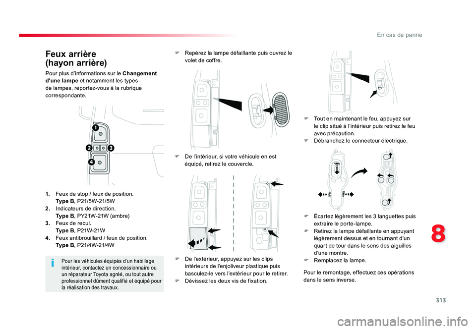 TOYOTA PROACE 2016 Manuel du propriétaire (in French) 313
8
En cas de panne
Feux arrière
(hayon arrière)
Pour plus d’informations sur le Changement
d'une lampe et notamment les types
de lampes, reportez-vous à la rubrique
correspondante.
F TOYOTA PROACE 2016 Manuel du propriétaire (in French) 313
8
En cas de panne
Feux arrière
(hayon arrière)
Pour plus d’informations sur le Changement
d'une lampe et notamment les types
de lampes, reportez-vous à la rubrique
correspondante.
F