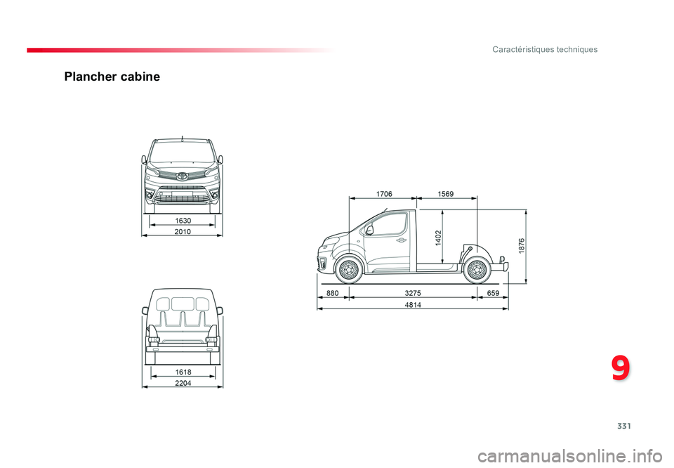 TOYOTA PROACE 2016 Manuel du propriétaire (in French) 331
9
Caractéristiques techniques
Plancher cabine
Proace_fr_Chap09_caracteristiques-techniques_ed01-2016.indd 33115/07/2016 16:28 TOYOTA PROACE 2016 Manuel du propriétaire (in French) 331
9
Caractéristiques techniques
Plancher cabine
Proace_fr_Chap09_caracteristiques-techniques_ed01-2016.indd 33115/07/2016 16:28