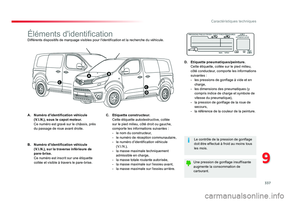 TOYOTA PROACE 2016 Manuel du propriétaire (in French) 337
9
Caractéristiques techniques
Éléments d'identificationDifférents dispositifs de marquage visibles pour l'identification et la recherche du véhicule.
A. Numéro d’identification vé TOYOTA PROACE 2016 Manuel du propriétaire (in French) 337
9
Caractéristiques techniques
Éléments d'identificationDifférents dispositifs de marquage visibles pour l'identification et la recherche du véhicule.
A. Numéro d’identification vé