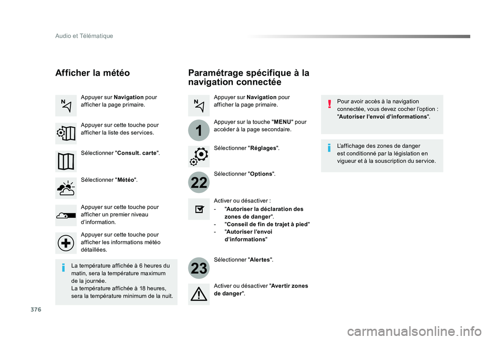 TOYOTA PROACE 2016 Manuel du propriétaire (in French) 376
22
23
1
Audio et Télématique
Paramétrage spécifique à la
navigation connectée
Pour avoir accès à la navigation
connectée, vous devez cocher l’option :
"Autoriser l’envoi d’in TOYOTA PROACE 2016 Manuel du propriétaire (in French) 376
22
23
1
Audio et Télématique
Paramétrage spécifique à la
navigation connectée
Pour avoir accès à la navigation
connectée, vous devez cocher l’option :
"Autoriser l’envoi d’in