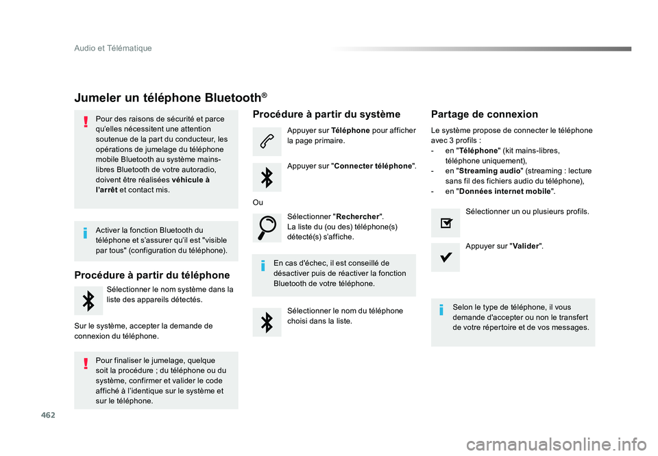 TOYOTA PROACE 2016 Manuel du propriétaire (in French) 462
Audio et Télématique
Jumeler un téléphone Bluetooth®
Pour des raisons de sécurité et parce
qu’elles nécessitent une attention
soutenue de la part du conducteur, les
opérations de jum TOYOTA PROACE 2016 Manuel du propriétaire (in French) 462
Audio et Télématique
Jumeler un téléphone Bluetooth®
Pour des raisons de sécurité et parce
qu’elles nécessitent une attention
soutenue de la part du conducteur, les
opérations de jum