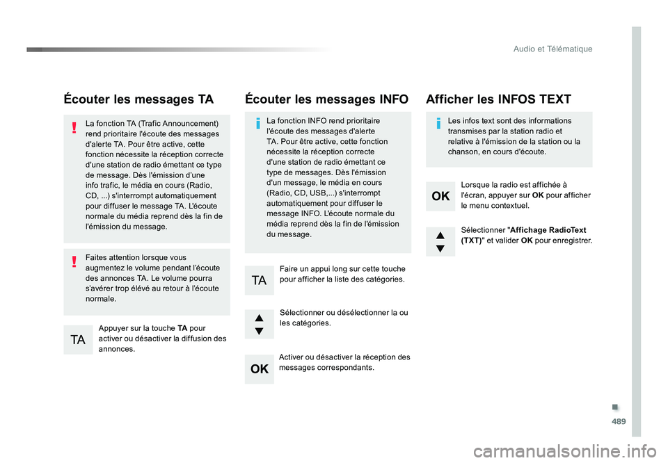 TOYOTA PROACE 2016 Manuel du propriétaire (in French) .
489
Audio et Télématique
Écouter les messages TA
Appuyer sur la touche TA pour
activer ou désactiver la diffusion des
annonces.
La fonction TA (Trafic Announcement)
rend prioritaire l'éc TOYOTA PROACE 2016 Manuel du propriétaire (in French) .
489
Audio et Télématique
Écouter les messages TA
Appuyer sur la touche TA pour
activer ou désactiver la diffusion des
annonces.
La fonction TA (Trafic Announcement)
rend prioritaire l'éc