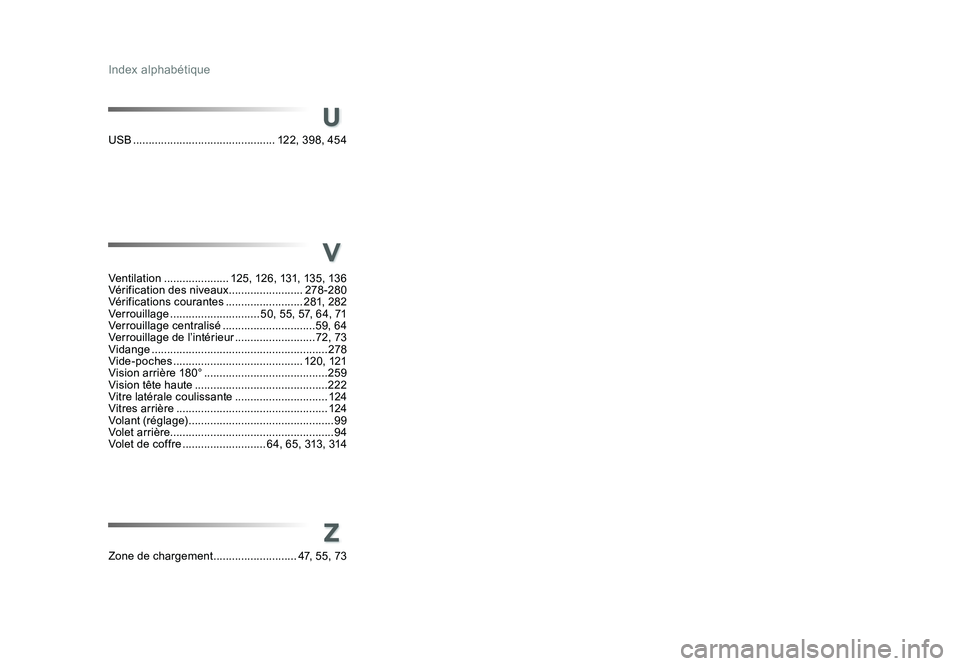 TOYOTA PROACE 2016 Manuel du propriétaire (in French) Index alphabétique
U
Z
USB .............................................. 122, 398, 454
Zone de chargement ........................... 47, 55, 73
Ventilation
..................... 125, 126, 131, 13 TOYOTA PROACE 2016 Manuel du propriétaire (in French) Index alphabétique
U
Z
USB .............................................. 122, 398, 454
Zone de chargement ........................... 47, 55, 73
Ventilation
..................... 125, 126, 131, 13