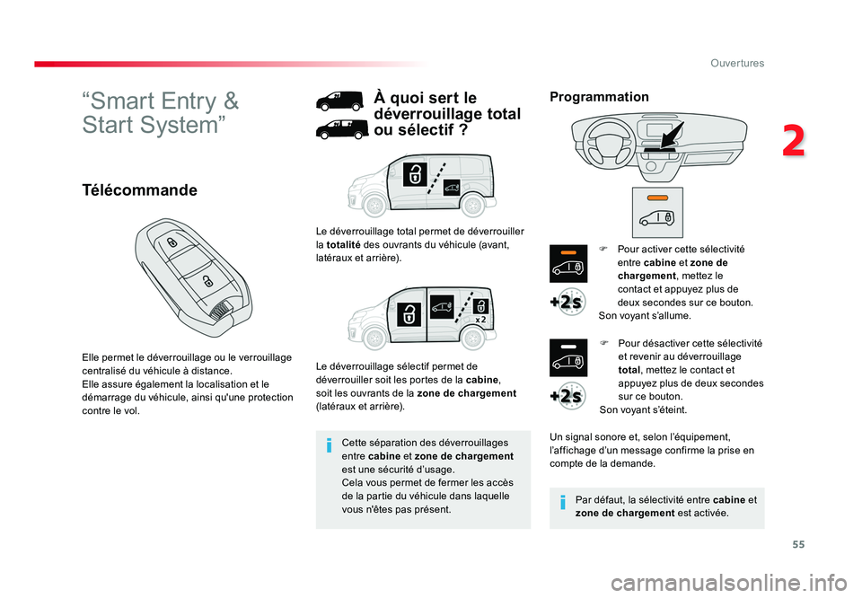 TOYOTA PROACE 2016 Manuel du propriétaire (in French) 55
2
Ouvertures
“Smart Entry &
Start System”
Elle permet le déverrouillage ou le verrouillage
centralisé du véhicule à distance.
Elle assure également la localisation et le
démarrage du TOYOTA PROACE 2016 Manuel du propriétaire (in French) 55
2
Ouvertures
“Smart Entry &
Start System”
Elle permet le déverrouillage ou le verrouillage
centralisé du véhicule à distance.
Elle assure également la localisation et le
démarrage du