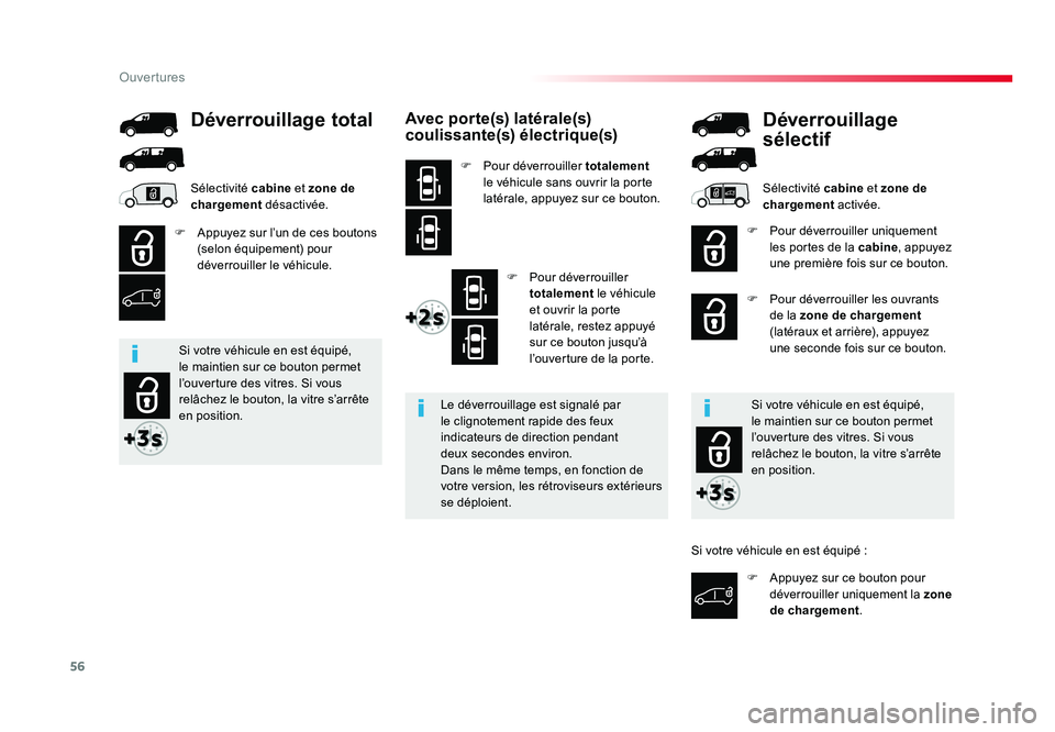 TOYOTA PROACE 2016 Manuel du propriétaire (in French) 56
Ouvertures
Avec porte(s) latérale(s)
coulissante(s) électrique(s)
F Pour déverrouiller totalement
le véhicule sans ouvrir la porte
latérale, appuyez sur ce bouton.
F Pour déverrouiller
t TOYOTA PROACE 2016 Manuel du propriétaire (in French) 56
Ouvertures
Avec porte(s) latérale(s)
coulissante(s) électrique(s)
F Pour déverrouiller totalement
le véhicule sans ouvrir la porte
latérale, appuyez sur ce bouton.
F Pour déverrouiller
t