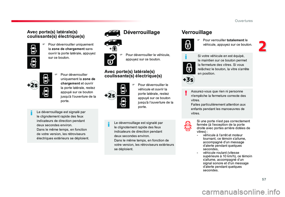 TOYOTA PROACE 2016 Manuel du propriétaire (in French) 57
2
Ouvertures
Verrouillage
Assurez-vous que rien ni personne
n'empêche la fermeture correcte des
vitres.
Faites particulièrement attention aux
enfants pendant les manoeuvres de
vitres.Si u TOYOTA PROACE 2016 Manuel du propriétaire (in French) 57
2
Ouvertures
Verrouillage
Assurez-vous que rien ni personne
n'empêche la fermeture correcte des
vitres.
Faites particulièrement attention aux
enfants pendant les manoeuvres de
vitres.Si u