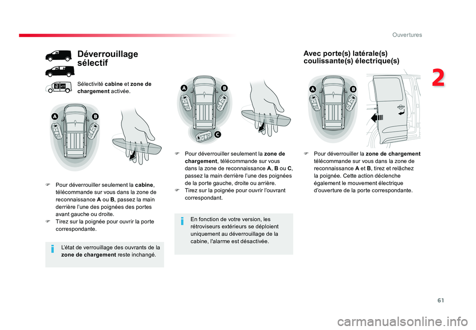 TOYOTA PROACE 2016 Manuel du propriétaire (in French) 61
2
Ouvertures
En fonction de votre version, les
rétroviseurs extérieurs se déploient
uniquement au déverrouillage de la
cabine, l'alarme est désactivée.
Sélectivité cabine
et zone de TOYOTA PROACE 2016 Manuel du propriétaire (in French) 61
2
Ouvertures
En fonction de votre version, les
rétroviseurs extérieurs se déploient
uniquement au déverrouillage de la
cabine, l'alarme est désactivée.
Sélectivité cabine
et zone de