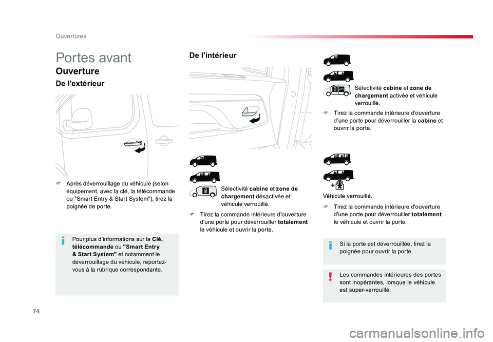 TOYOTA PROACE 2016 Manuel du propriétaire (in French) 74
Ouvertures
Por tes avant
Ouverture
De l'extérieur
F Tirez la commande intérieure d'ouverture
d'une porte pour déverrouiller totalement
le véhicule et ouvrir la porte. F
Tirez la TOYOTA PROACE 2016 Manuel du propriétaire (in French) 74
Ouvertures
Por tes avant
Ouverture
De l'extérieur
F Tirez la commande intérieure d'ouverture
d'une porte pour déverrouiller totalement
le véhicule et ouvrir la porte. F
Tirez la