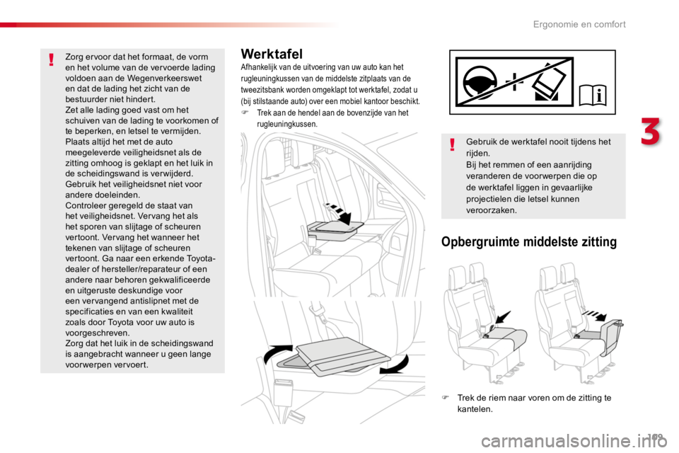 TOYOTA PROACE 2016 Instructieboekje (in Dutch) 109
Proace_nl_Chap03_ergonomie-et-confort_ed01-2016
WerktafelAfhankelijk van de uitvoering van uw auto kan het rugleuningkussen van de middelste zitplaats van de tweezitsbank worden omgeklapt tot werk TOYOTA PROACE 2016 Instructieboekje (in Dutch) 109
Proace_nl_Chap03_ergonomie-et-confort_ed01-2016
WerktafelAfhankelijk van de uitvoering van uw auto kan het rugleuningkussen van de middelste zitplaats van de tweezitsbank worden omgeklapt tot werk