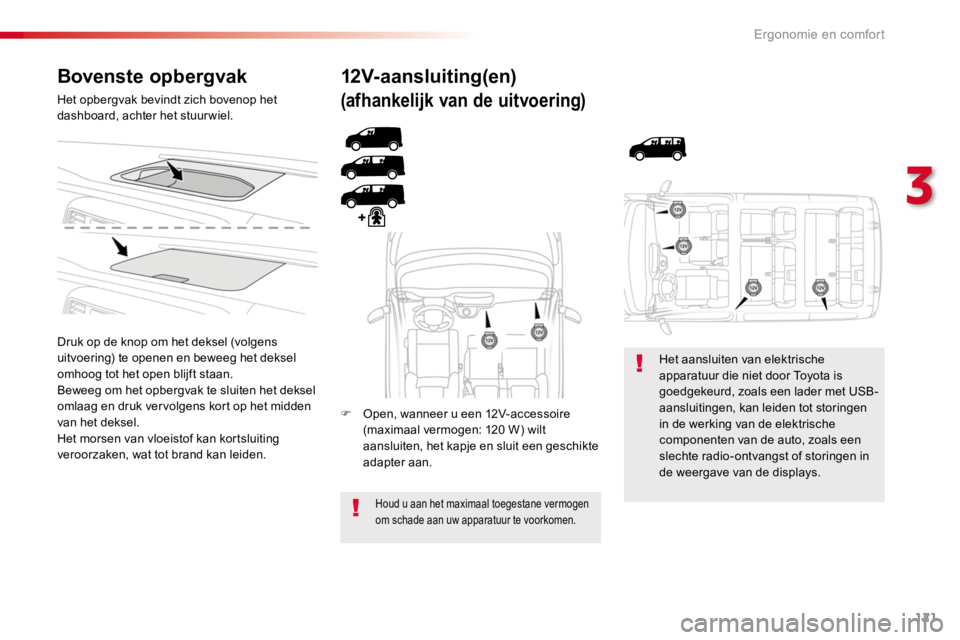 TOYOTA PROACE 2016 Instructieboekje (in Dutch) 121
Proace_nl_Chap03_ergonomie-et-confort_ed01-2016
Bovenste opbergvak
Het opbergvak bevindt zich bovenop het dashboard, achter het stuurwiel.
Druk op de knop om het deksel (volgens uitvoering) te ope TOYOTA PROACE 2016 Instructieboekje (in Dutch) 121
Proace_nl_Chap03_ergonomie-et-confort_ed01-2016
Bovenste opbergvak
Het opbergvak bevindt zich bovenop het dashboard, achter het stuurwiel.
Druk op de knop om het deksel (volgens uitvoering) te ope