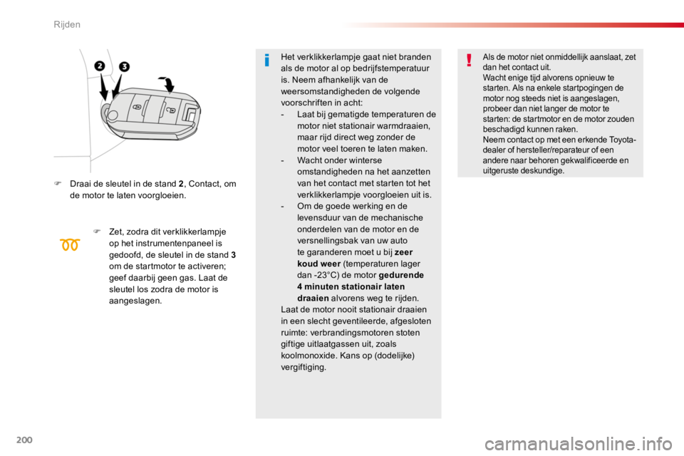 TOYOTA PROACE 2016 Instructieboekje (in Dutch) 200
Proace_nl_Chap06_conduite_ed01-2016
F Draai de sleutel in de stand 2, Contact, om de motor te laten voorgloeien.
F Zet, zodra dit verklikkerlampje op het instrumentenpaneel is gedoofd, de sleutel TOYOTA PROACE 2016 Instructieboekje (in Dutch) 200
Proace_nl_Chap06_conduite_ed01-2016
F Draai de sleutel in de stand 2, Contact, om de motor te laten voorgloeien.
F Zet, zodra dit verklikkerlampje op het instrumentenpaneel is gedoofd, de sleutel