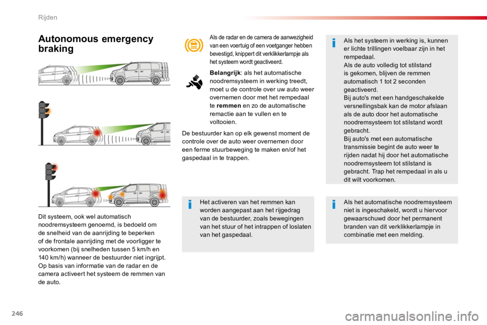 TOYOTA PROACE 2016  Instructieboekje (in Dutch) 246
Proace_nl_Chap06_conduite_ed01-2016
Dit systeem, ook wel automatisch 
noodremsysteem genoemd, is bedoeld om de snelheid van de aanrijding te beperken of de frontale aanrijding met de voorligger te