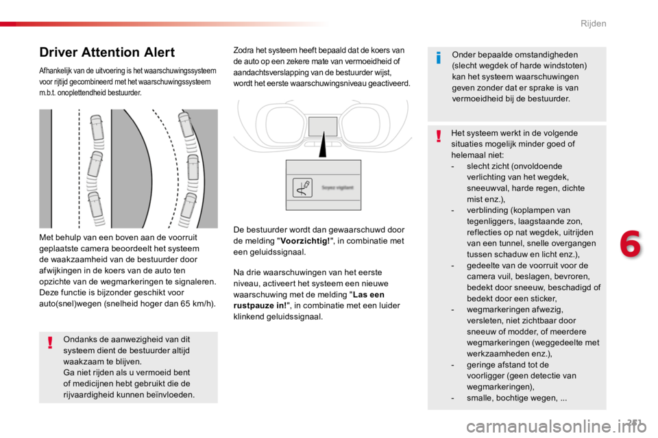 TOYOTA PROACE 2016 Instructieboekje (in Dutch) 251
Proace_nl_Chap06_conduite_ed01-2016
Met behulp van een boven aan de voorruit geplaatste camera beoordeelt het systeem de waakzaamheid van de bestuurder door afwijkingen in de koers van de auto ten TOYOTA PROACE 2016 Instructieboekje (in Dutch) 251
Proace_nl_Chap06_conduite_ed01-2016
Met behulp van een boven aan de voorruit geplaatste camera beoordeelt het systeem de waakzaamheid van de bestuurder door afwijkingen in de koers van de auto ten