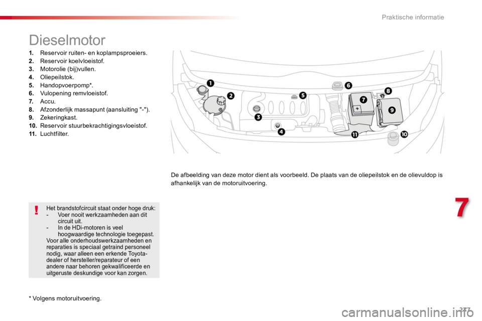 TOYOTA PROACE 2016 Instructieboekje (in Dutch) 277
Proace_nl_Chap07_info-pratiques_ed01-2016
* Volgens motoruitvoering.
Dieselmotor
1. Reservoir ruiten- en koplampsproeiers.2. Reservoir koelvloeistof.3. Motorolie (bij)vullen.4. Oliepeilstok.5. Ha TOYOTA PROACE 2016 Instructieboekje (in Dutch) 277
Proace_nl_Chap07_info-pratiques_ed01-2016
* Volgens motoruitvoering.
Dieselmotor
1. Reservoir ruiten- en koplampsproeiers.2. Reservoir koelvloeistof.3. Motorolie (bij)vullen.4. Oliepeilstok.5. Ha