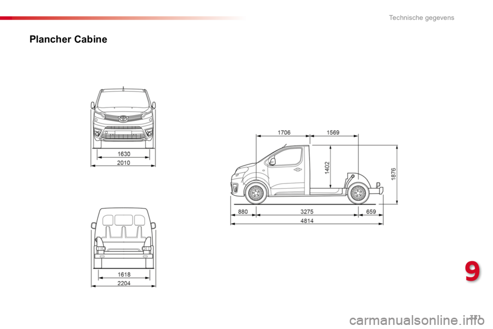 TOYOTA PROACE 2016  Instructieboekje (in Dutch) 331
Proace_nl_Chap09_caracteristiques-techniques_ed01-2016
Plancher Cabine
9 
Technische gegevens  