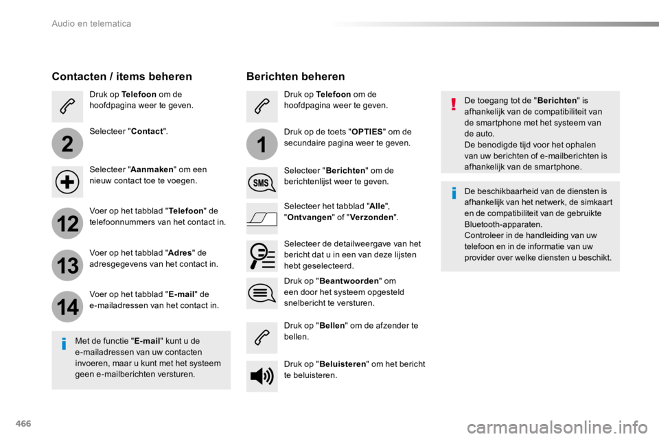 TOYOTA PROACE 2016 Instructieboekje (in Dutch) 466
2
12
13
14
1
Proace_nl_Chap10c_RCC-1_ed01-2016
De toegang tot de "Berichten" is afhankelijk van de compatibiliteit van de smartphone met het systeem van de auto.De benodigde tijd voor het TOYOTA PROACE 2016 Instructieboekje (in Dutch) 466
2
12
13
14
1
Proace_nl_Chap10c_RCC-1_ed01-2016
De toegang tot de "Berichten" is afhankelijk van de compatibiliteit van de smartphone met het systeem van de auto.De benodigde tijd voor het
