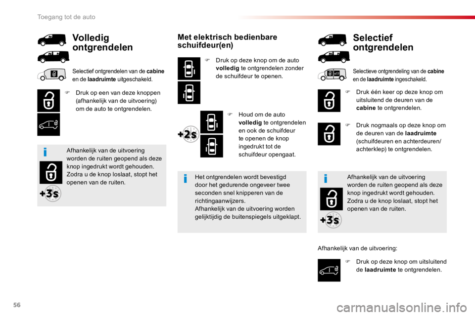 TOYOTA PROACE 2016 Instructieboekje (in Dutch) 56
Proace_nl_Chap02_ouvertures_ed01-2016
Met elektrisch bedienbare schuifdeur(en)
F Druk op deze knop om de auto volledig te ontgrendelen zonder de schuifdeur te openen.
F Houd om de auto volledig te TOYOTA PROACE 2016 Instructieboekje (in Dutch) 56
Proace_nl_Chap02_ouvertures_ed01-2016
Met elektrisch bedienbare schuifdeur(en)
F Druk op deze knop om de auto volledig te ontgrendelen zonder de schuifdeur te openen.
F Houd om de auto volledig te
