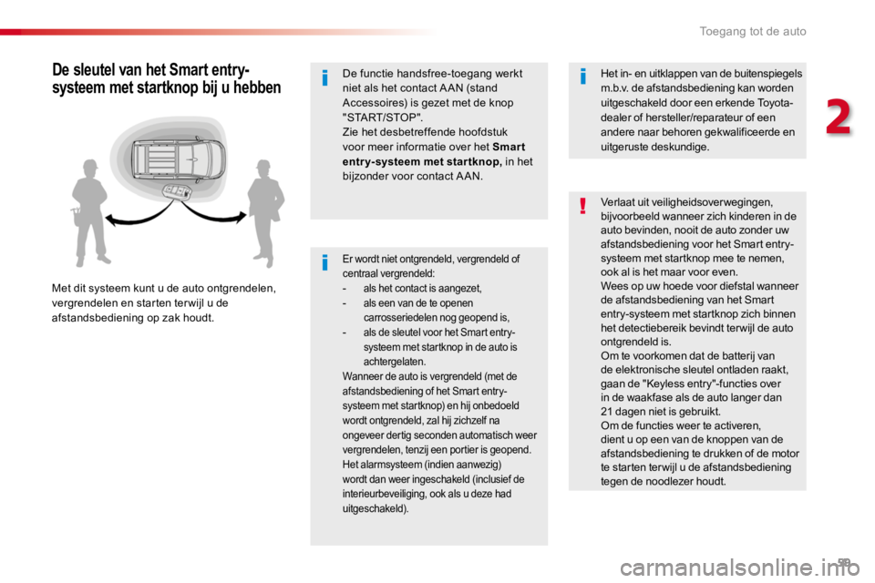 TOYOTA PROACE 2016 Instructieboekje (in Dutch) 59
Proace_nl_Chap02_ouvertures_ed01-2016
Er wordt niet ontgrendeld, vergrendeld of centraal vergrendeld:- als het contact is aangezet,- als een van de te openen carrosseriedelen nog geopend is,- als d TOYOTA PROACE 2016 Instructieboekje (in Dutch) 59
Proace_nl_Chap02_ouvertures_ed01-2016
Er wordt niet ontgrendeld, vergrendeld of centraal vergrendeld:- als het contact is aangezet,- als een van de te openen carrosseriedelen nog geopend is,- als d