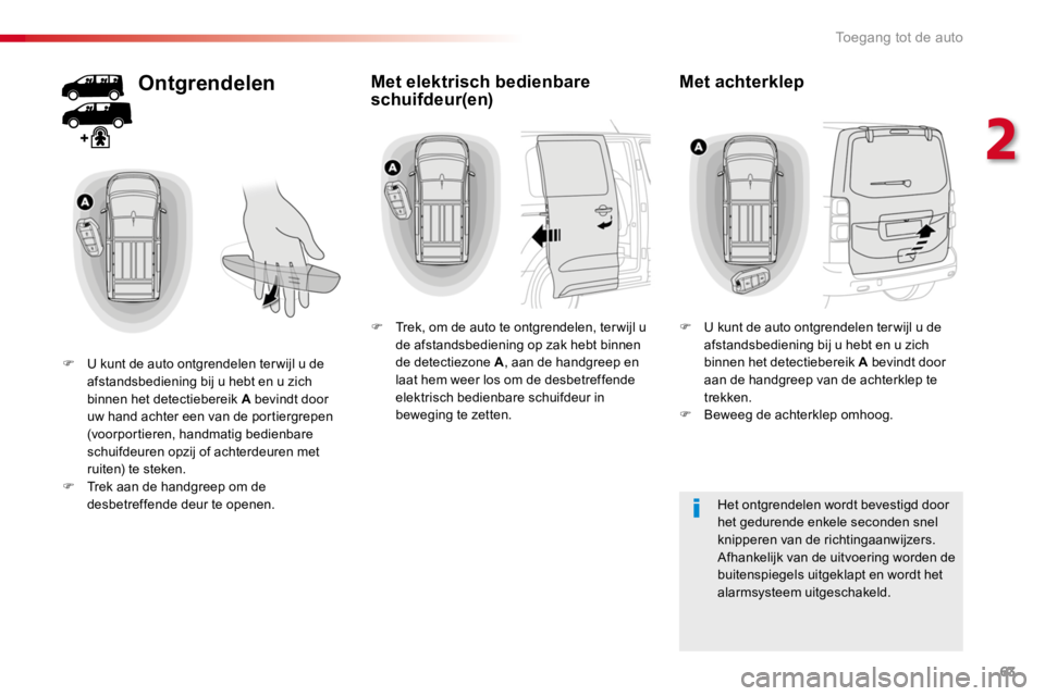 TOYOTA PROACE 2016 Instructieboekje (in Dutch) 63
Proace_nl_Chap02_ouvertures_ed01-2016
Ontgrendelen
F U kunt de auto ontgrendelen ter wijl u de afstandsbediening bij u hebt en u zich binnen het detectiebereik A bevindt door uw hand achter een van TOYOTA PROACE 2016 Instructieboekje (in Dutch) 63
Proace_nl_Chap02_ouvertures_ed01-2016
Ontgrendelen
F U kunt de auto ontgrendelen ter wijl u de afstandsbediening bij u hebt en u zich binnen het detectiebereik A bevindt door uw hand achter een van