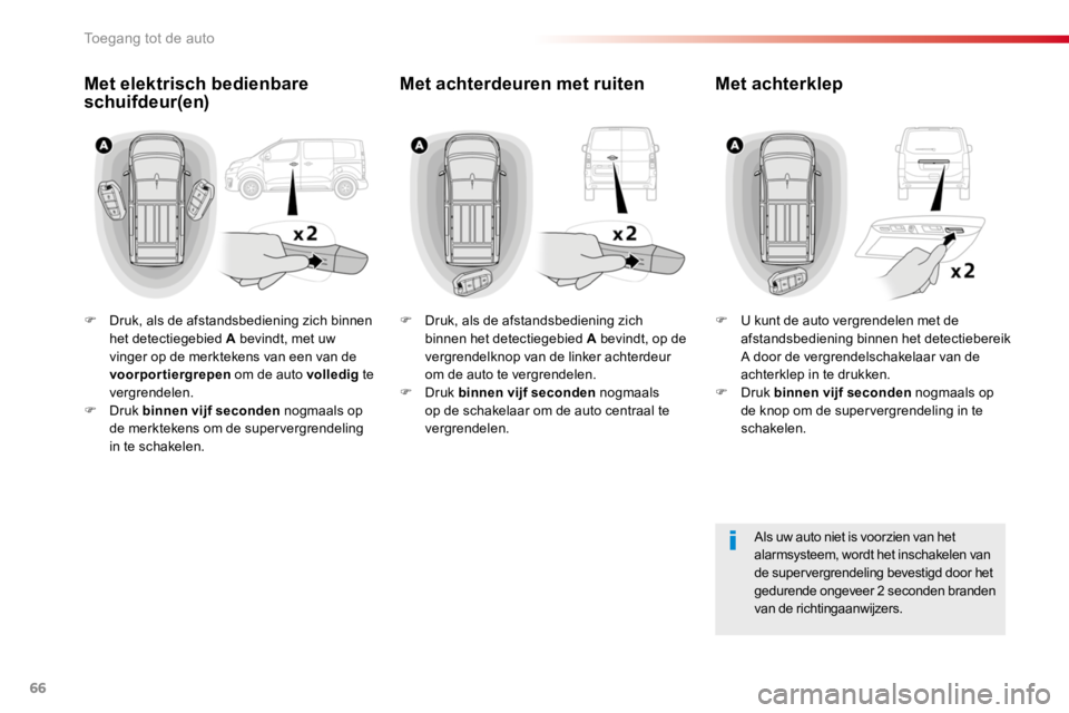 TOYOTA PROACE 2016 Instructieboekje (in Dutch) 66
Proace_nl_Chap02_ouvertures_ed01-2016
F Druk, als de afstandsbediening zich binnen het detectiegebied A bevindt, met uw vinger op de merktekens van een van de voorportiergrepen om de auto volledig TOYOTA PROACE 2016 Instructieboekje (in Dutch) 66
Proace_nl_Chap02_ouvertures_ed01-2016
F Druk, als de afstandsbediening zich binnen het detectiegebied A bevindt, met uw vinger op de merktekens van een van de voorportiergrepen om de auto volledig