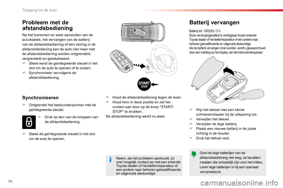 TOYOTA PROACE 2016 Instructieboekje (in Dutch) 70
Proace_nl_Chap02_ouvertures_ed01-2016
Batterij vervangen
Batterij ref.: CR2032 / 3 V.Deze vervangingsbatterij is verkrijgbaar bij een erkende Toyota-dealer of hersteller/reparateur of een andere na TOYOTA PROACE 2016 Instructieboekje (in Dutch) 70
Proace_nl_Chap02_ouvertures_ed01-2016
Batterij vervangen
Batterij ref.: CR2032 / 3 V.Deze vervangingsbatterij is verkrijgbaar bij een erkende Toyota-dealer of hersteller/reparateur of een andere na