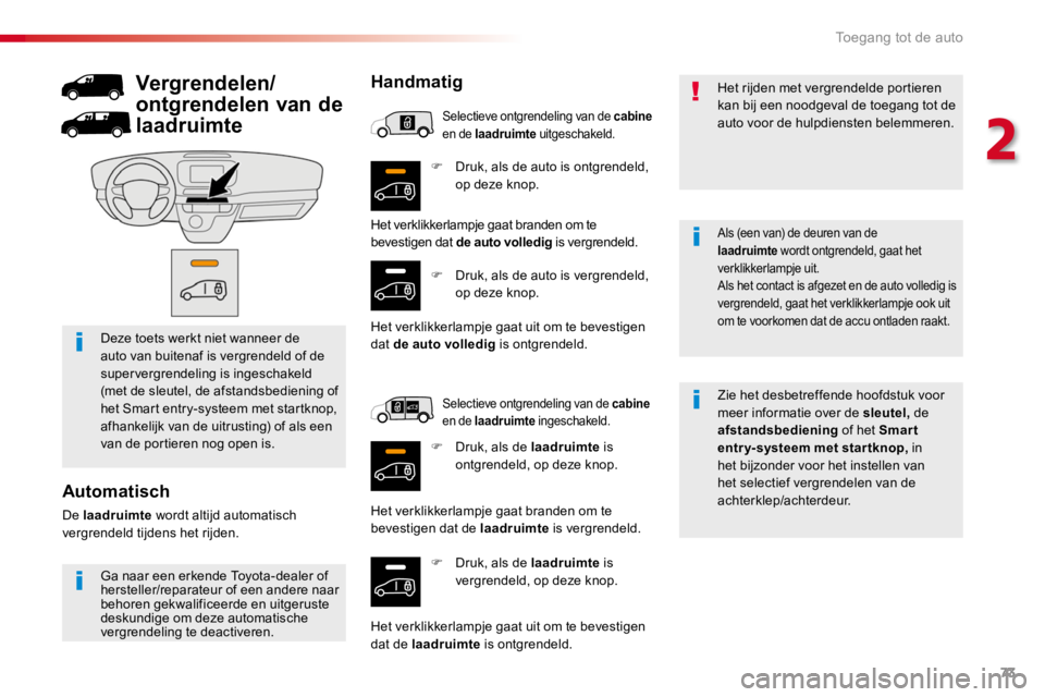 TOYOTA PROACE 2016 Instructieboekje (in Dutch) 73
Proace_nl_Chap02_ouvertures_ed01-2016
F Druk, als de auto is ontgrendeld, op deze knop.
F Druk, als de laadruimte is vergrendeld, op deze knop.
Zie het desbetreffende hoofdstuk voor meer informatie TOYOTA PROACE 2016 Instructieboekje (in Dutch) 73
Proace_nl_Chap02_ouvertures_ed01-2016
F Druk, als de auto is ontgrendeld, op deze knop.
F Druk, als de laadruimte is vergrendeld, op deze knop.
Zie het desbetreffende hoofdstuk voor meer informatie