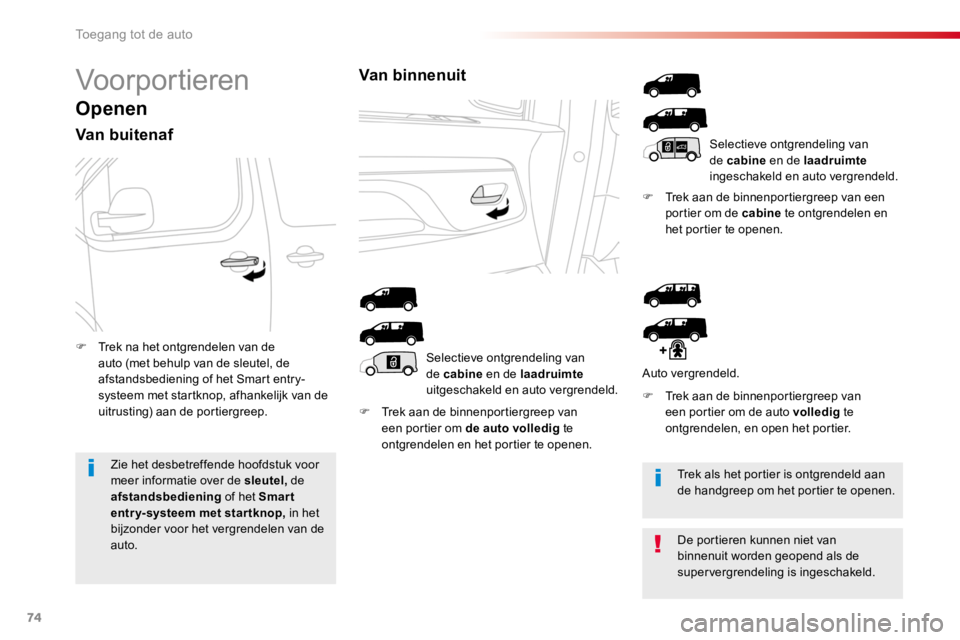 TOYOTA PROACE 2016 Instructieboekje (in Dutch) 74
Proace_nl_Chap02_ouvertures_ed01-2016
Voorportieren
Openen
Van buitenaf
F Trek aan de binnenportiergreep van een portier om de auto volledig te ontgrendelen en het portier te openen.
F Trek aan de TOYOTA PROACE 2016 Instructieboekje (in Dutch) 74
Proace_nl_Chap02_ouvertures_ed01-2016
Voorportieren
Openen
Van buitenaf
F Trek aan de binnenportiergreep van een portier om de auto volledig te ontgrendelen en het portier te openen.
F Trek aan de