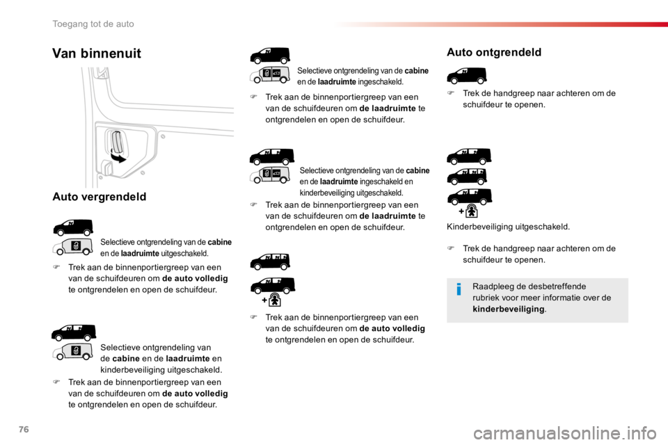 TOYOTA PROACE 2016 Instructieboekje (in Dutch) 76
Proace_nl_Chap02_ouvertures_ed01-2016
Raadpleeg de desbetreffende rubriek voor meer informatie over de
kinderbeveiliging.
Van binnenuit
Selectieve ontgrendeling van de cabine en de laadruimte uitg TOYOTA PROACE 2016 Instructieboekje (in Dutch) 76
Proace_nl_Chap02_ouvertures_ed01-2016
Raadpleeg de desbetreffende rubriek voor meer informatie over de
kinderbeveiliging.
Van binnenuit
Selectieve ontgrendeling van de cabine en de laadruimte uitg