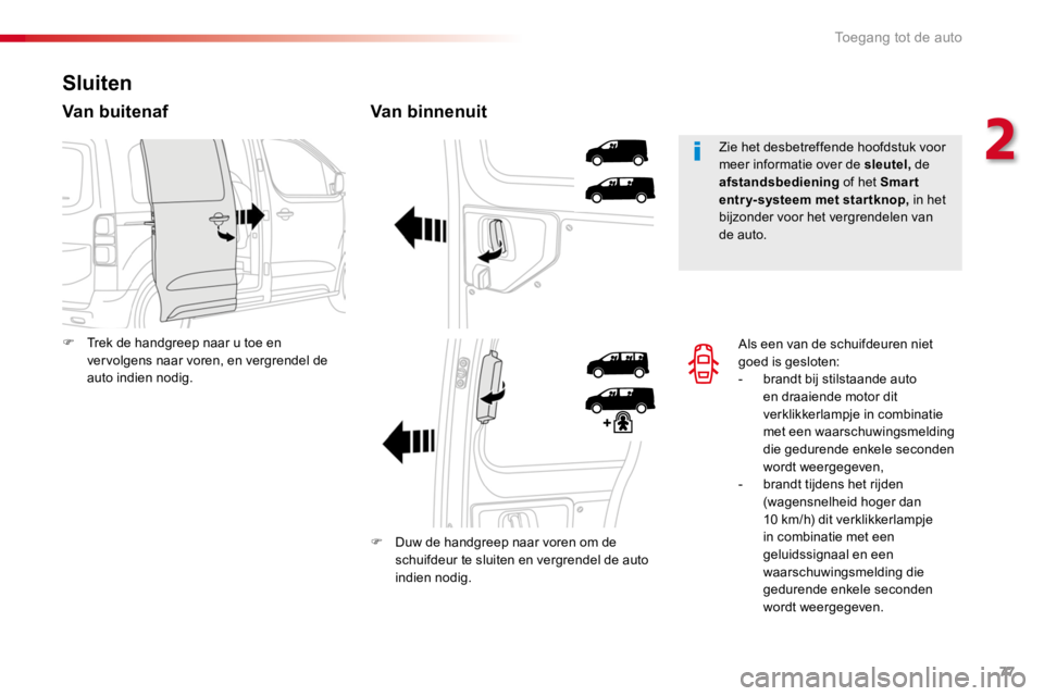 TOYOTA PROACE 2016 Instructieboekje (in Dutch) 77
Proace_nl_Chap02_ouvertures_ed01-2016
Als een van de schuifdeuren niet goed is gesloten:- brandt bij stilstaande auto en draaiende motor dit verklikkerlampje in combinatie met een waarschuwingsmeld TOYOTA PROACE 2016 Instructieboekje (in Dutch) 77
Proace_nl_Chap02_ouvertures_ed01-2016
Als een van de schuifdeuren niet goed is gesloten:- brandt bij stilstaande auto en draaiende motor dit verklikkerlampje in combinatie met een waarschuwingsmeld