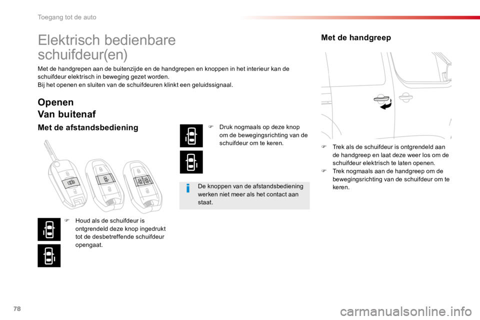 TOYOTA PROACE 2016 Instructieboekje (in Dutch) 78
Proace_nl_Chap02_ouvertures_ed01-2016
Elektrisch bedienbare
schuifdeur(en)
Met de handgrepen aan de buitenzijde en de handgrepen en knoppen in het interieur kan de schuifdeur elektrisch in bewegi TOYOTA PROACE 2016 Instructieboekje (in Dutch) 78
Proace_nl_Chap02_ouvertures_ed01-2016
Elektrisch bedienbare
schuifdeur(en)
Met de handgrepen aan de buitenzijde en de handgrepen en knoppen in het interieur kan de schuifdeur elektrisch in bewegi