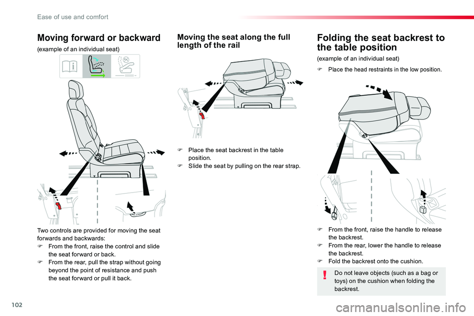 TOYOTA PROACE VERSO 2016  Owners Manual 102
Two controls are provided for moving the seat forwards and backwards:F From the front, raise the control and slide the seat for ward or back.F From the rear, pull the strap without going beyond th