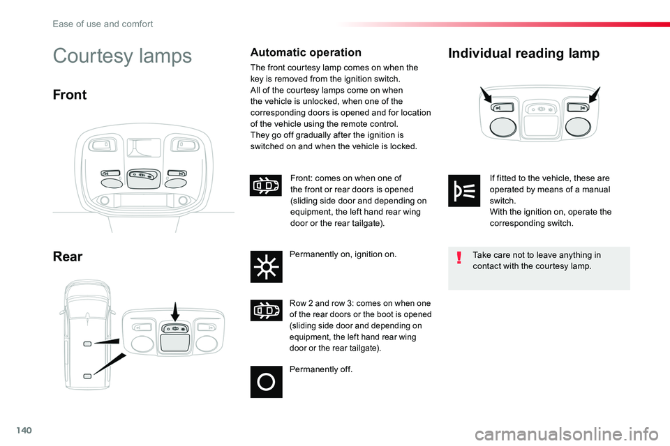 TOYOTA PROACE VERSO 2016  Owners Manual 140
Individual reading lamp
Rear
Courtesy lampsAutomatic operation
The front courtesy lamp comes on when the key is removed from the ignition switch.All of the courtesy lamps come on when the vehicle 