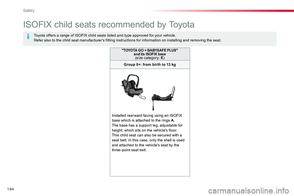 TOYOTA PROACE VERSO 2016 Owners Manual 184
ISOFIX child seats recommended by Toyota
Toyota offers a range of ISOFIX child seats listed and type approved for your vehicle.Refer also to the child seat manufacturer's fitting instructions TOYOTA PROACE VERSO 2016 Owners Manual 184
ISOFIX child seats recommended by Toyota
Toyota offers a range of ISOFIX child seats listed and type approved for your vehicle.Refer also to the child seat manufacturer's fitting instructions