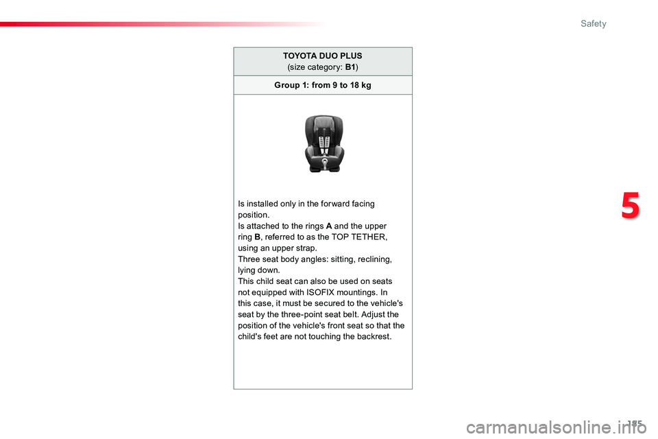 TOYOTA PROACE VERSO 2016 Owners Manual 185
TOYOTA DUO PLUS (size category: B1)
Group 1: from 9 to 18 kg
Is installed only in the for ward facing position.Is attached to the rings A and the upper ring B, referred to as the TOP TETHER, using TOYOTA PROACE VERSO 2016 Owners Manual 185
TOYOTA DUO PLUS (size category: B1)
Group 1: from 9 to 18 kg
Is installed only in the for ward facing position.Is attached to the rings A and the upper ring B, referred to as the TOP TETHER, using