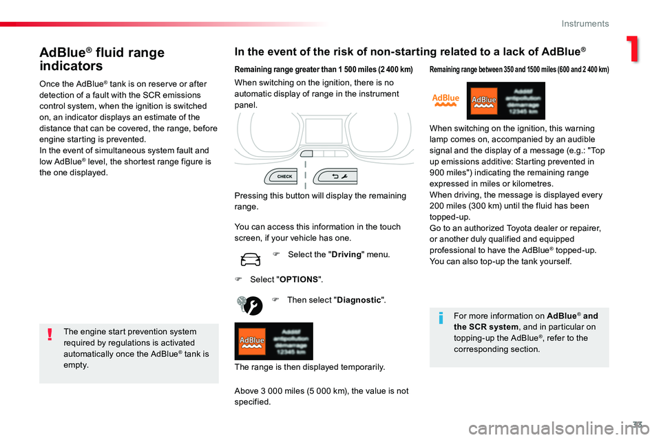 TOYOTA PROACE VERSO 2016 Owners Guide 33
AdBlue® fluid range
indicators
Once the AdBlue® tank is on reserve or after detection of a fault with the SCR emissions control system, when the ignition is switched on, an indicator displays an TOYOTA PROACE VERSO 2016 Owners Guide 33
AdBlue® fluid range
indicators
Once the AdBlue® tank is on reserve or after detection of a fault with the SCR emissions control system, when the ignition is switched on, an indicator displays an