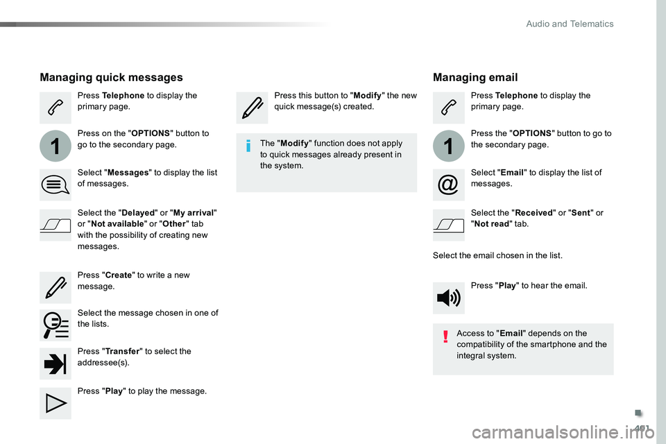 TOYOTA PROACE VERSO 2016 Owners Manual 401
11
Managing email
Press this button to "Modify" the new quick message(s) created.Press Telephone to display the primary page.
Press the "OPTIONS" button to go to the secondary page TOYOTA PROACE VERSO 2016 Owners Manual 401
11
Managing email
Press this button to "Modify" the new quick message(s) created.Press Telephone to display the primary page.
Press the "OPTIONS" button to go to the secondary page