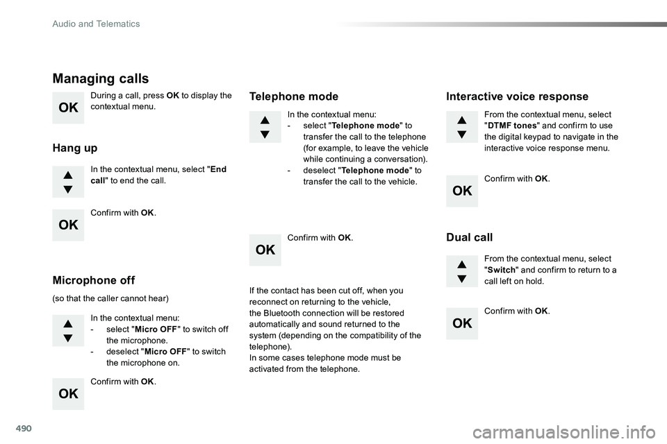 TOYOTA PROACE VERSO 2016  Owners Manual 490
During a call, press OK to display the contextual menu.
In the contextual menu, select "End call" to end the call.
Managing calls
Hang up
(so that the caller cannot hear)
In the contextual