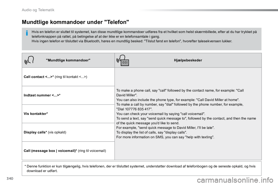 TOYOTA PROACE VERSO 2016 Brugsanvisning (in Danish) 340
ProaceVerso_da_Chap10b_NAC-1_ed01-2016
"Mundtlige kommandoer"Hjælpebeskeder
Call contact <...>* (ring til kontakt <...>)
To make a phone call, say "call" followed by the contact TOYOTA PROACE VERSO 2016 Brugsanvisning (in Danish) 340
ProaceVerso_da_Chap10b_NAC-1_ed01-2016
"Mundtlige kommandoer"Hjælpebeskeder
Call contact <...>* (ring til kontakt <...>)
To make a phone call, say "call" followed by the contact