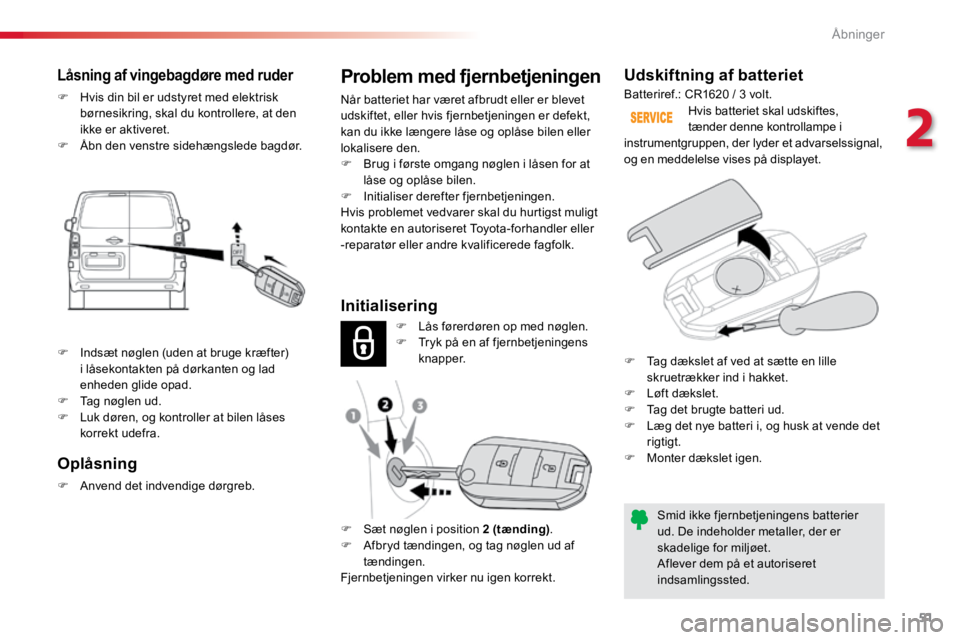 TOYOTA PROACE VERSO 2016 Brugsanvisning (in Danish) 51
ProaceVerso_da_Chap02_ouvertures_ed01-2016
Udskiftning af batteriet
Smid ikke fjernbetjeningens batterier
ud. De indeholder metaller, der er
skadelige for miljøet.
Aflever dem på et autoriseret TOYOTA PROACE VERSO 2016 Brugsanvisning (in Danish) 51
ProaceVerso_da_Chap02_ouvertures_ed01-2016
Udskiftning af batteriet
Smid ikke fjernbetjeningens batterier
ud. De indeholder metaller, der er
skadelige for miljøet.
Aflever dem på et autoriseret